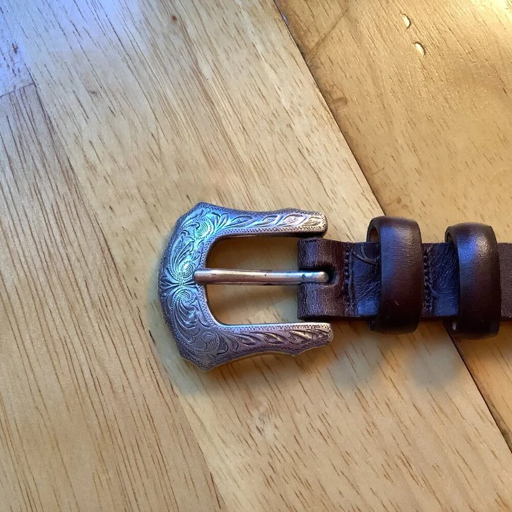 Martin Dingman Brown Tooled Leather Belt & Silver Etched Buckle 32